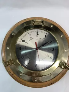 Vintage Brass Ship Porthole Clock On Wood Oak Back , 13” Battery, Untested. - Picture 1 of 9