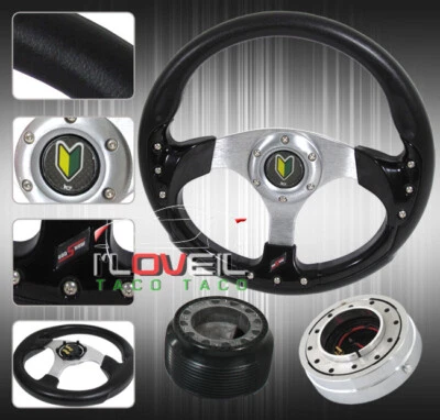 Del Sol Civic Integra Black Steering Wheel + Quick Release + Adapter Hub + Horn Foto 1 de 3