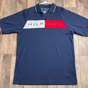 Vintage Y2K Tommy Hilfiger Polo Shirt Spell Out Rugby Men's Medium Blue Collared - Picture 1 of 10