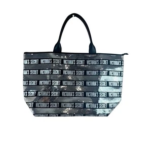 VICTORIA'S SECRET silver black sequined striped weekender canvas zip up tote bag - Picture 1 of 4
