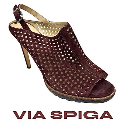 Via Spiga Tasa Burgundy Suede Peep Toe High Heel Shoes Size 10 Medium Pre-Owned - Image 1 of 4