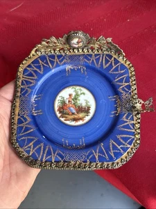 Beautiful Victorian Era Cobalt Blue La Chateau Porcelain & Metal Trinket Tray - Picture 1 of 12
