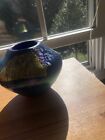 1989 Robert EICKHOLT Art Glass Blue Aurene Ovoid Vase GOLD Foil Hand Blown 4" T