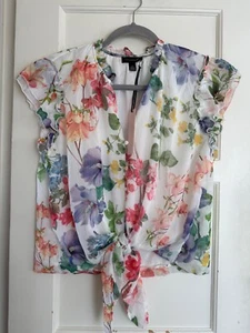 NWT Tamara H. Woven Boho Top Shirt Peasant Blouse Ruffled L Floral White MLT - Picture 1 of 3