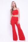 Ladies Co-ord Crochet Lace Floral Crop Top Wide Leg Trousers Strappy Night Out