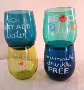 Set of 4 Acrylic Drinking Glasses Inside or Out Printed Beach Mermaid Fish Theme - Picture 1 of 7