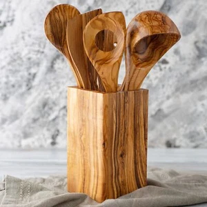 Soporte para utensilios de cocina de madera de oliva hecho a mano barro de madera rústico para encimera - Imagen 1 de 20