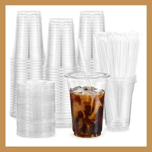 Plastic Clear Cups 16 oz with Lids and Straws 100 Set Disposable Cold Beverage - Picture 1 of 1