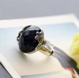 B06 Anello Avventurina Blu Laterale Fiore Argento Sterling 925 Misura Regolabile - Foto 1 di 5