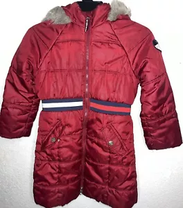 Tommy Hilfiger Puffer Winter Jacket Kids Girls Red Faux Fur Hood Coat Sz 7 - Picture 1 of 14