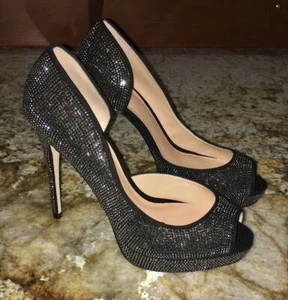 ALDO BLack Silver Rhinestone Peep Toe Platform Pumps High Heels NEW Womens 6.5 - Picture 1 of 7