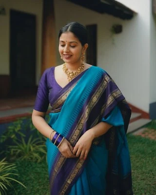 Sari de seda de algodón indio con blusa sin coser pieza festiva fiesta ropa sari Foto 1 de 4