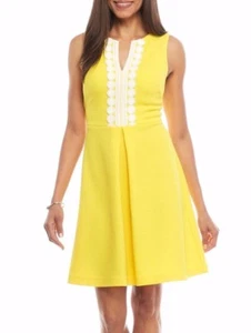 Jessica J Howard Yellow/White Stretch Knit Crochet Trim Fit & Flare Dress - $99 - Picture 1 of 2