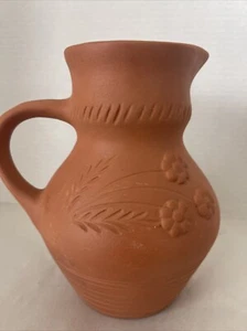 Moldova Clay Terracotta Pitcher Floral Design Handmade Pottery Vintage 7” - Picture 1 of 9