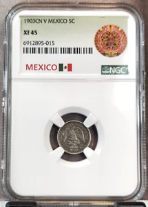1903 MEXICO SILVER 5 CENTAVOS HERALDIC EAGLE NGC XF 45 RARE MINT MARK Cn V - Picture 1 of 3