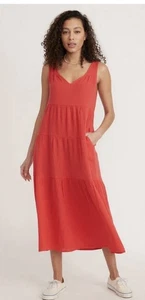 Marine Lagenlook Corinne Maxi rot Baumwolle Gaze Stufen Trapez V-Ausschnitt Sommerkleid Gr. L - Bild 1 von 9