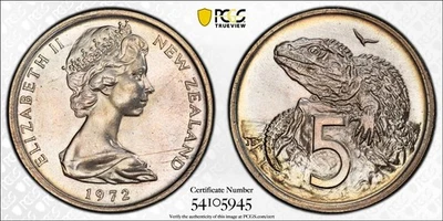 MS66 1972 5C Nueva Zelanda 5 centavos, PCGS Trueview - Bonito tono arco iris Foto 1 de 4