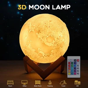 3D Moon Night Light Romantic 16 Colors LED Bedside Touch Lamp USB With Remote - Picture 1 of 12
