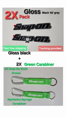 2PK SNAP ON TOOLS LOGO EMBLEM Gloss Black Badge Decal+2X Keytags Green Carabiner - Image 1 of 4