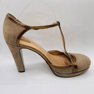 Tahari Angela Tan Gamuza T-Correa Estilo Retro Tacón Talla 10 Usado en Excelente Condición - Imagen 1 de 11