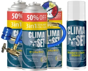 ClimaSet Nachfüllset Auto Klimaanlage 3in1 R134a Gas Öldichtmittel Desinfektion - Bild 1 von 11