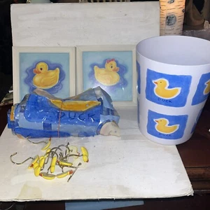 Vgt Just Ducky Bathroom Set 2 Framed Pictures, Hangers, Curtain, Wastebasket - Picture 1 of 24