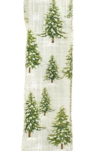 Christmas Snowcap Trees 2.5" by 3 yd Cream Wired Ribbon Gold Glitter Snowflake - Picture 1 of 7
