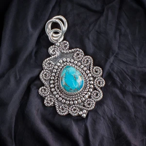 Handmade 925 Sterling Silver Jewelry Blue Copper Turquoise Gemstone Pendant - Picture 1 of 3