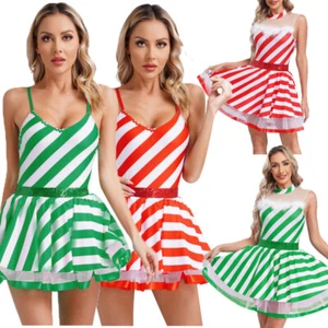 Women Christmas Candy Cane Costume Sleeveless Striped Ballet Dance Dress Leotard - Picture 1 of 52