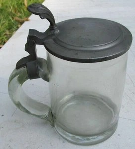 ANTQ HAND BLOWN AQUA GLASS BEER STEIN WITH PEWTER LID APPLD HNDL - Picture 1 of 9