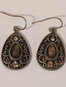 1" Detailed Antique Gold Brown Gems Teardrop Hanging Earrings  - Bild 1 von 5