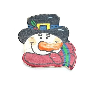 Christmas Snowman Head Wearing Scarf and Hat Pin Lapel Light Wood Collectible - Picture 1 of 3