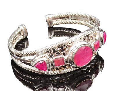 925 Silver  Vintage Two Tone Multi Shape Ruby Openwork Cuff Bracelet  BT9782 - Image 1 of 4