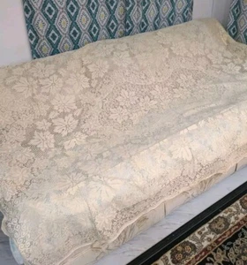 Vintage 69 x 90 rechteckige cremefarbene knackige viktorianische Spitzentischdecke - Bild 1 von 5