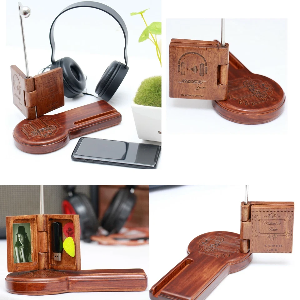 Soporte universal de madera para auriculares soporte para teléfono móvil pantalla para auriculares personalizar Foto 1 de 4