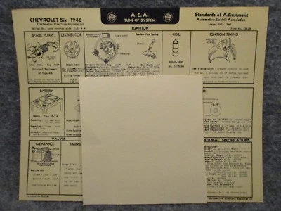 A.E.A. Tarjeta de tabla de especificaciones del sistema de afinación Chevrolet Six 1948 Fleetmaster Foto 1 de 2