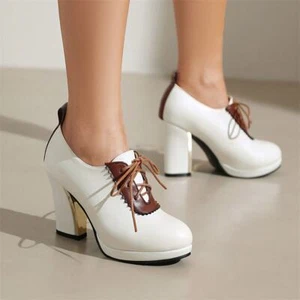 Casual Womens Lace Up Platform High Block Heels Loafer Oxfords Ankle Shoes New - Picture 1 of 14