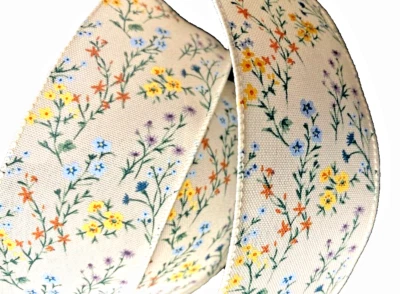 Floral 2.5" by 5 yards Beige Wired Ribbon Summer Wild Flowers Yellow Blue Green - Image 1 of 4