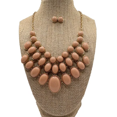 Gargantilla/Collar Graduado 3 Hilos + Pendientes Cuentas Cabujón Rosa Desnudo Tono Dorado Foto 1 de 4