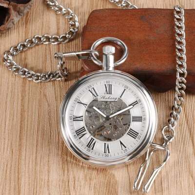 Retro Open Face Roman Numerals Silver Automatic Mechanical Men Pocket Watch Gift - Image 1 of 4