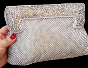 New Silver With Rhinestone Encrusted Closure & Rhinestone Mesh Clutch- 8' x 6'' - Picture 1 of 3