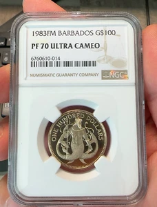 NGC PF 70 ULTRA CAMEO 1983FM BARBADOS G$100 Commemorative Coins - Picture 1 of 2