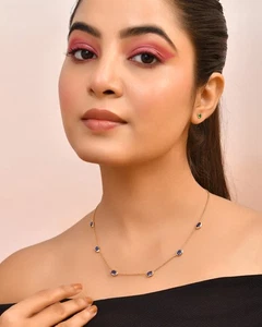 Bezel Set Sapphire Chain Pendant 14k Gold plated 925 Sterling Silver for gift - Picture 1 of 8