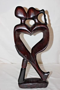 19" Vintage African Lovers Embrace Sculpture Hand Carved Wood Abstract Art Unity - Picture 1 of 8