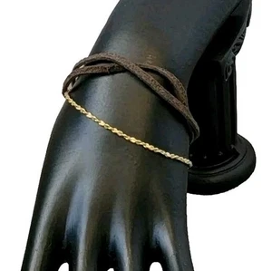 Goldfarbene Kette & braunes Leder 3 Strang Armband Einheitsgröße verstellbar 8" bis 10" - Bild 1 von 3
