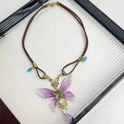Сладкий двойной слой коричневый кожаный цепочка бабочка капли подвеска ожерелье - Изображение 1 из 4