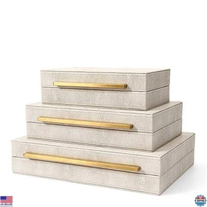 Set of 3 Faux Ivory Shagreen Decorative Storage Boxes Jewelry Organizer - Picture 1 of 4
