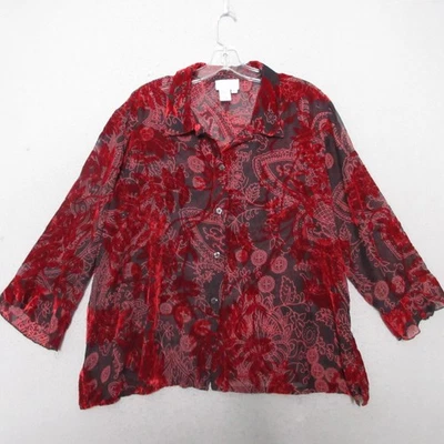 Top Coldwater Creek XL Rojo Oscuro Floral Terciopelo Burnout Capricho Y2K Abotonado Foto 1 de 4