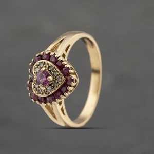 Second Hand 9ct Yellow Gold Ruby & 0.05ct Diamond Heart Shape Cluster Ring 41... - Picture 1 of 2