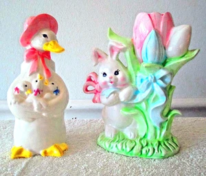 TWO TAKAHASHI PORCELAIN 3-D RELIEF BUD VASES~BUNNY/FLOWERS & DUCK W/BABY DUCKS - Picture 1 of 7